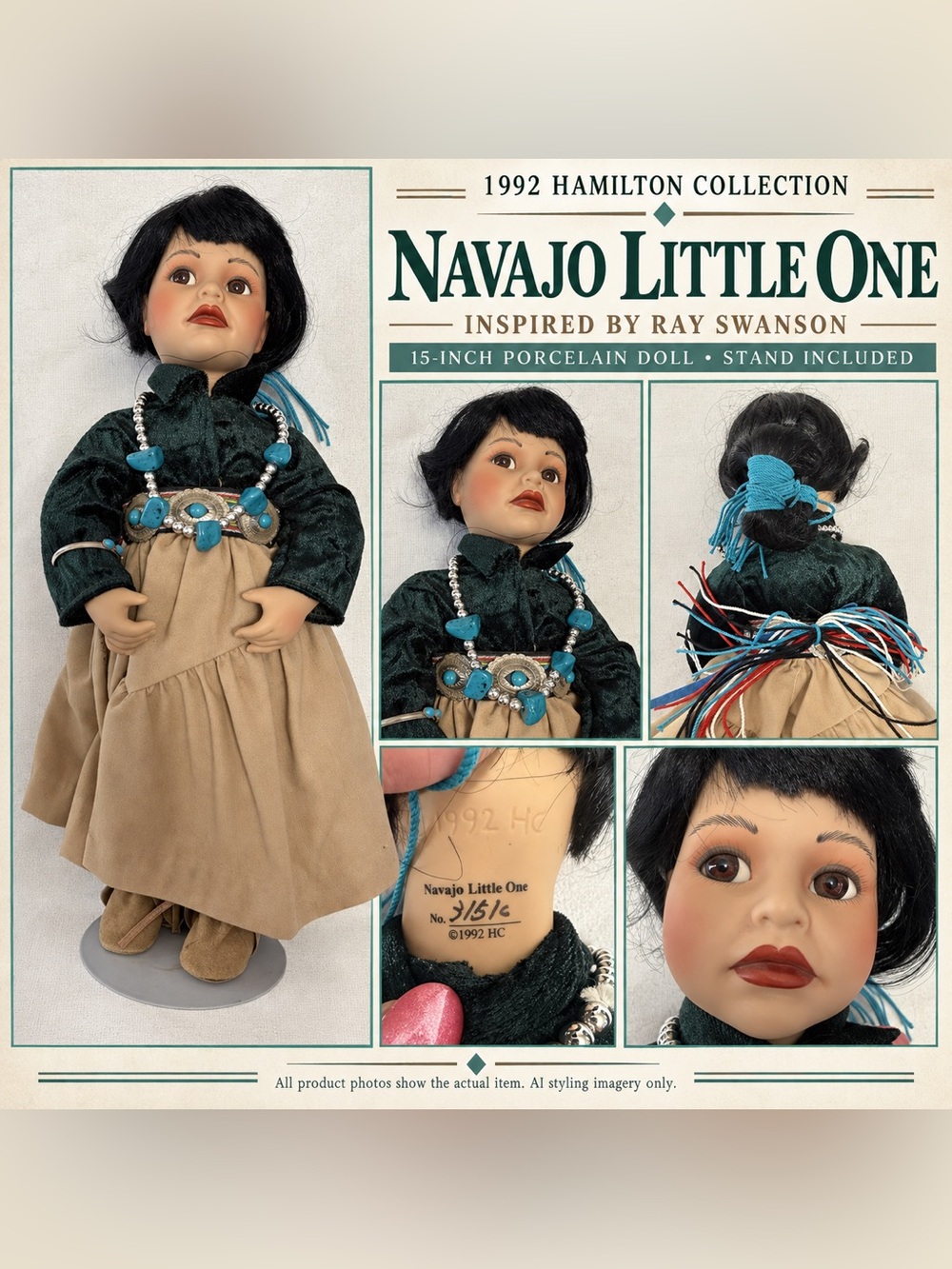 VTG 1992 Hamilton Navajo Little One Ray Swanson Porcelain Doll 15in W/Stand EUC